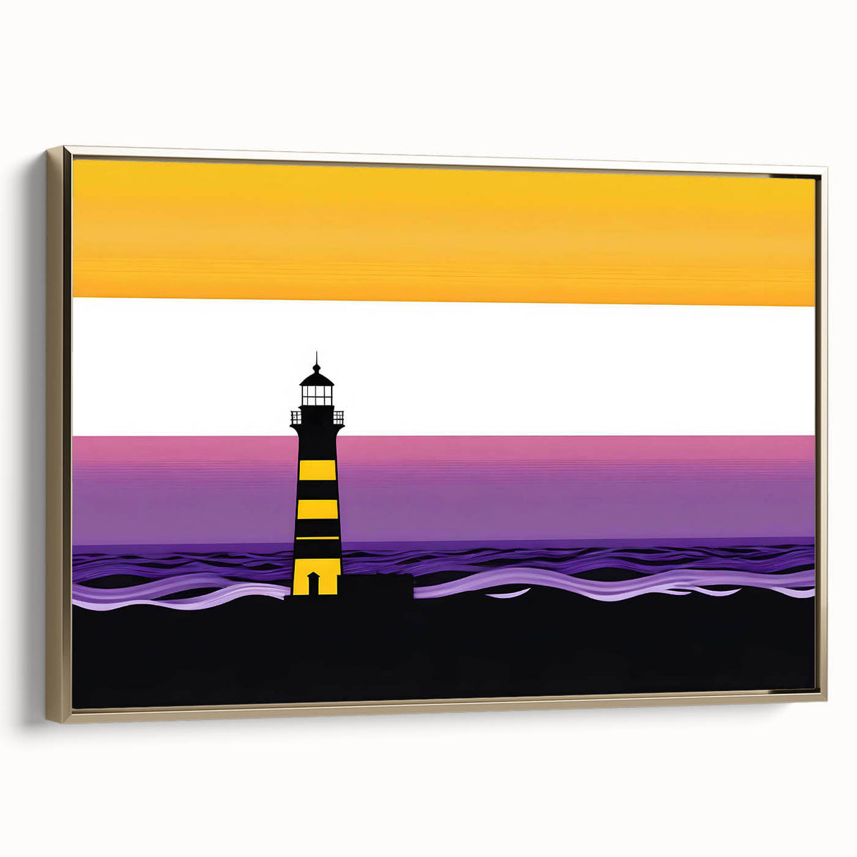 Framed wall art featuring a stunning lighthouse design on canvas, set against a serene landscape with golden hues, perfect for coastal decor enthusiasts.