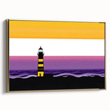 Framed wall art featuring a stunning lighthouse design on canvas, set against a serene landscape with golden hues, perfect for coastal decor enthusiasts.