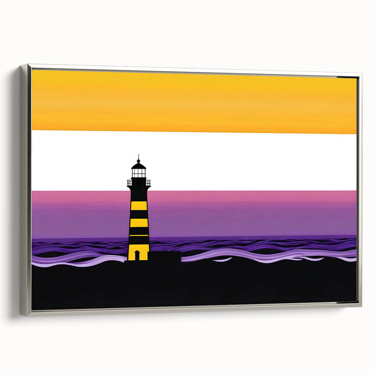 Framed canvas wall art showcasing a stunning silver lighthouse design, set against a serene landscape. Ideal for coastal decor, enhancing any room's ambiance.