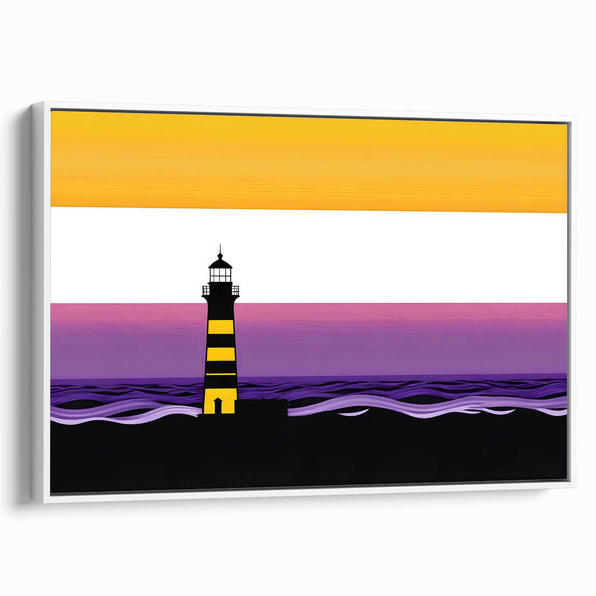 Framed canvas wall art featuring a scenic lighthouse design with coastal landscapes, prominently displayed in a white frame, ideal for home decor.