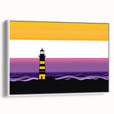 Framed canvas wall art featuring a scenic lighthouse design with coastal landscapes, prominently displayed in a white frame, ideal for home decor.