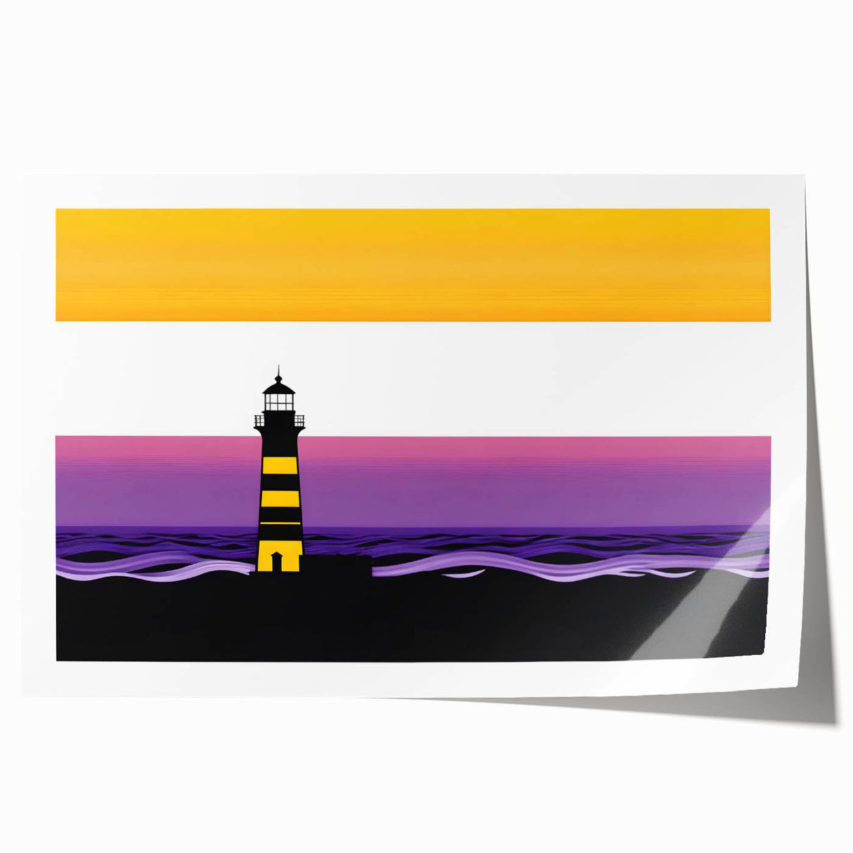 Vibrant rolled print of a coastal landscape featuring a lighthouse, showcasing bold colors and intricate details, ideal for home decor or art collection.