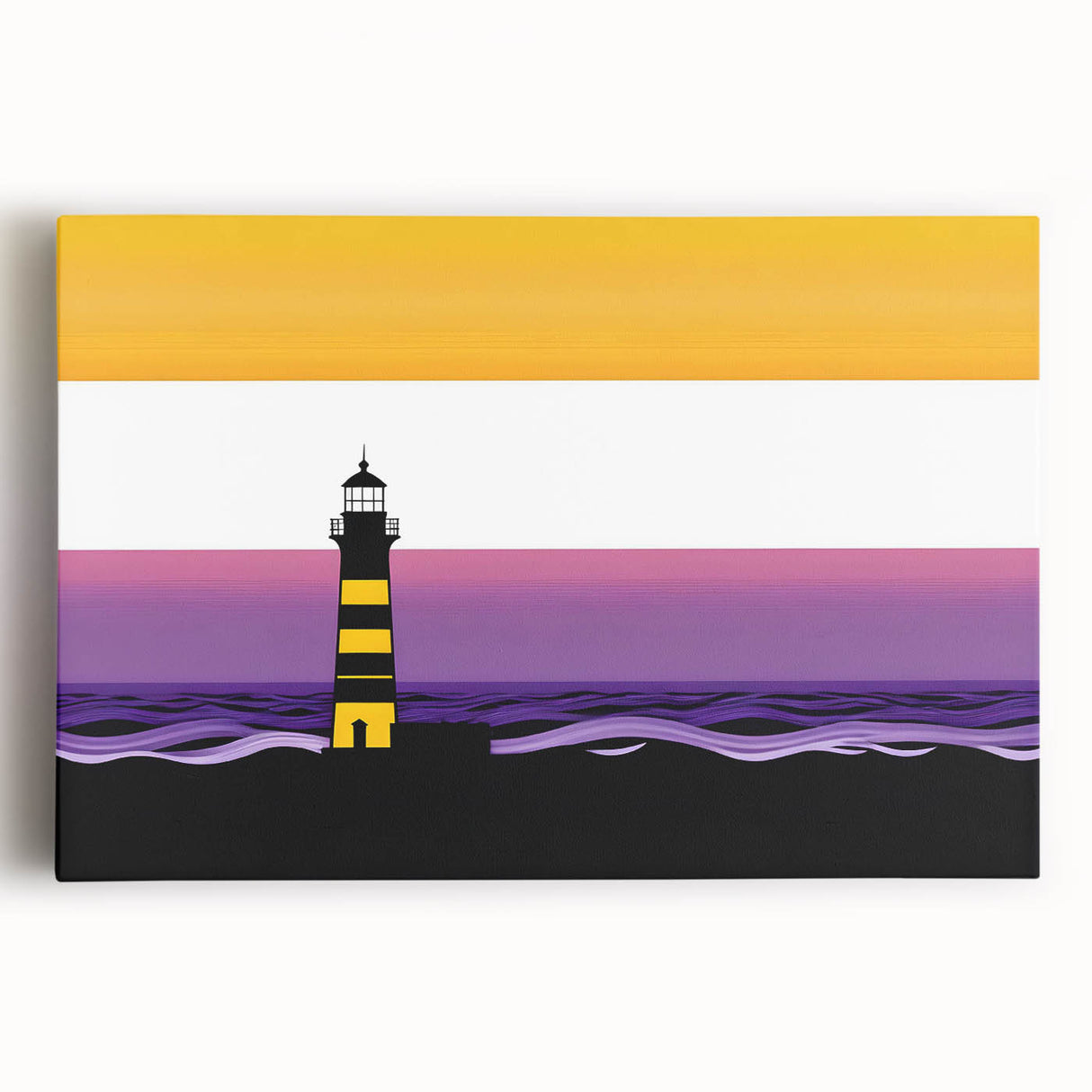 Stretched canvas wall art depicting a serene lighthouse landscape, featuring vibrant colors and intricate details, perfect for coastal-themed decor.