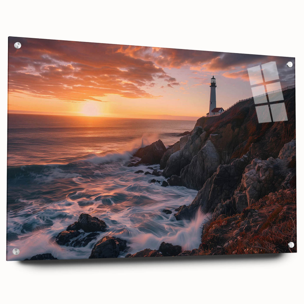 Side view of a lighthouse design acrylic wall art piece, showcasing a vibrant landscape with intricate details, mounted with pins for easy hanging.