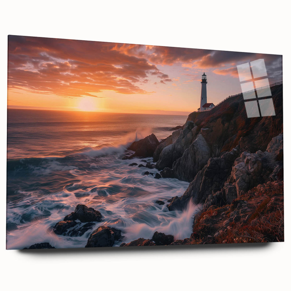 Acrylic glass wall art collection showcasing a serene landscape featuring a lighthouse, with vibrant colors and intricate details, perfect for coastal home decor.