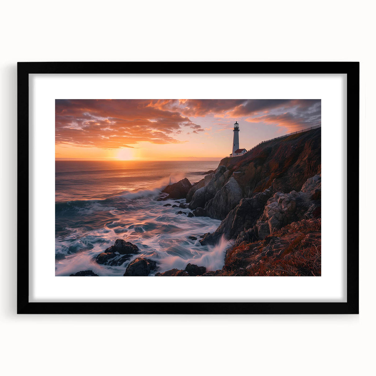 Framed wall art collection showcasing a scenic lighthouse landscape design in black frame with a mat, ideal for coastal decor, enhancing home aesthetics.