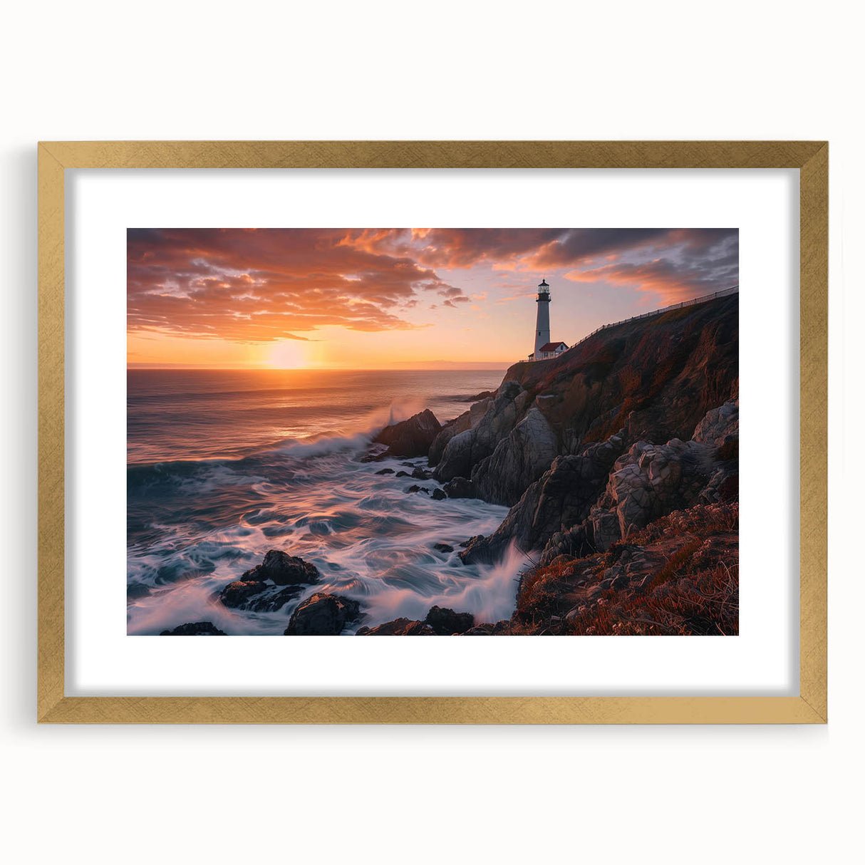 Framed wall art collection featuring a serene lighthouse landscape design with a gold mat, ideal for coastal home decor. Perfect for enhancing living spaces.