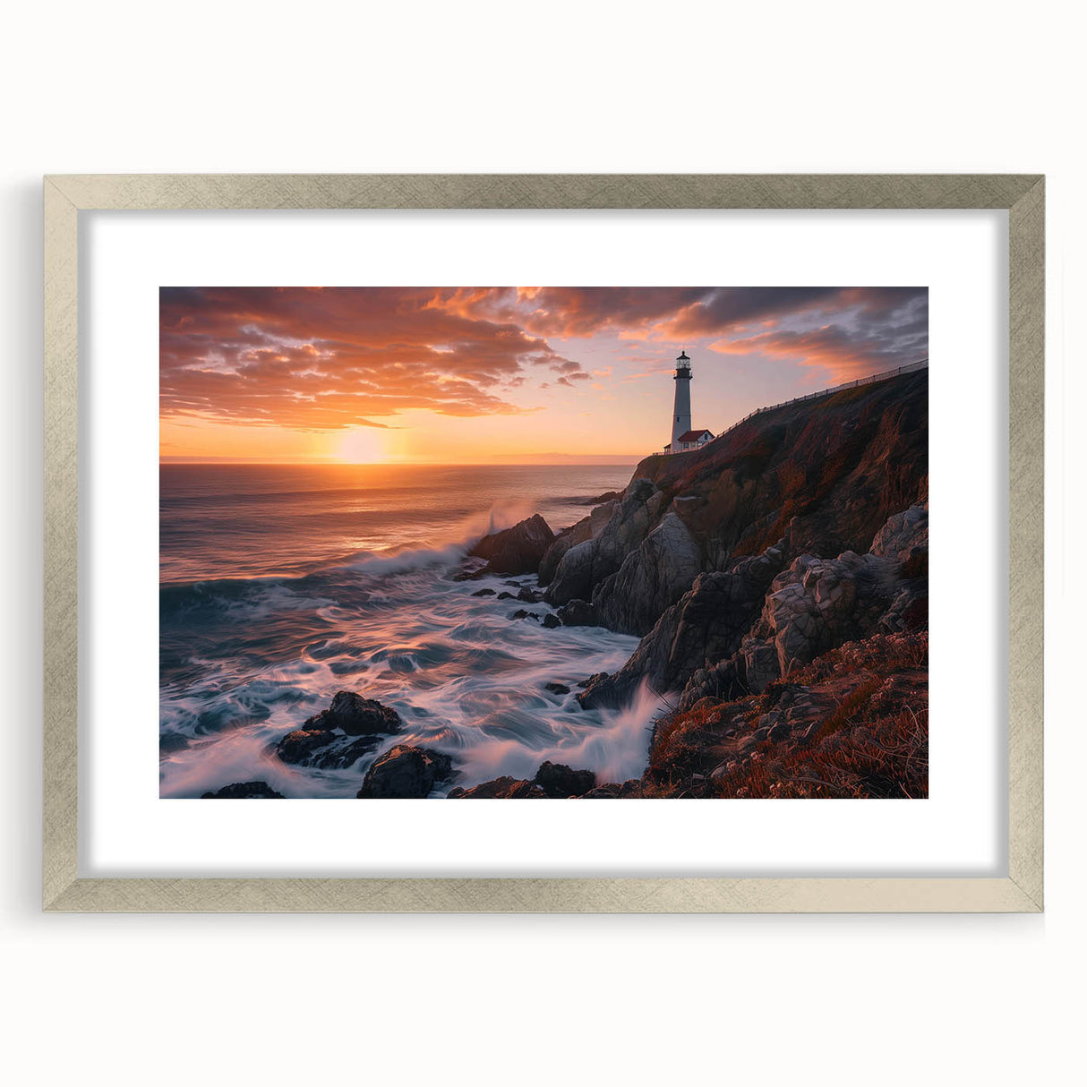 Framed wall art featuring a serene lighthouse landscape design with a silver mat, perfect for coastal-themed home decor, showcasing tranquil ocean vibes.