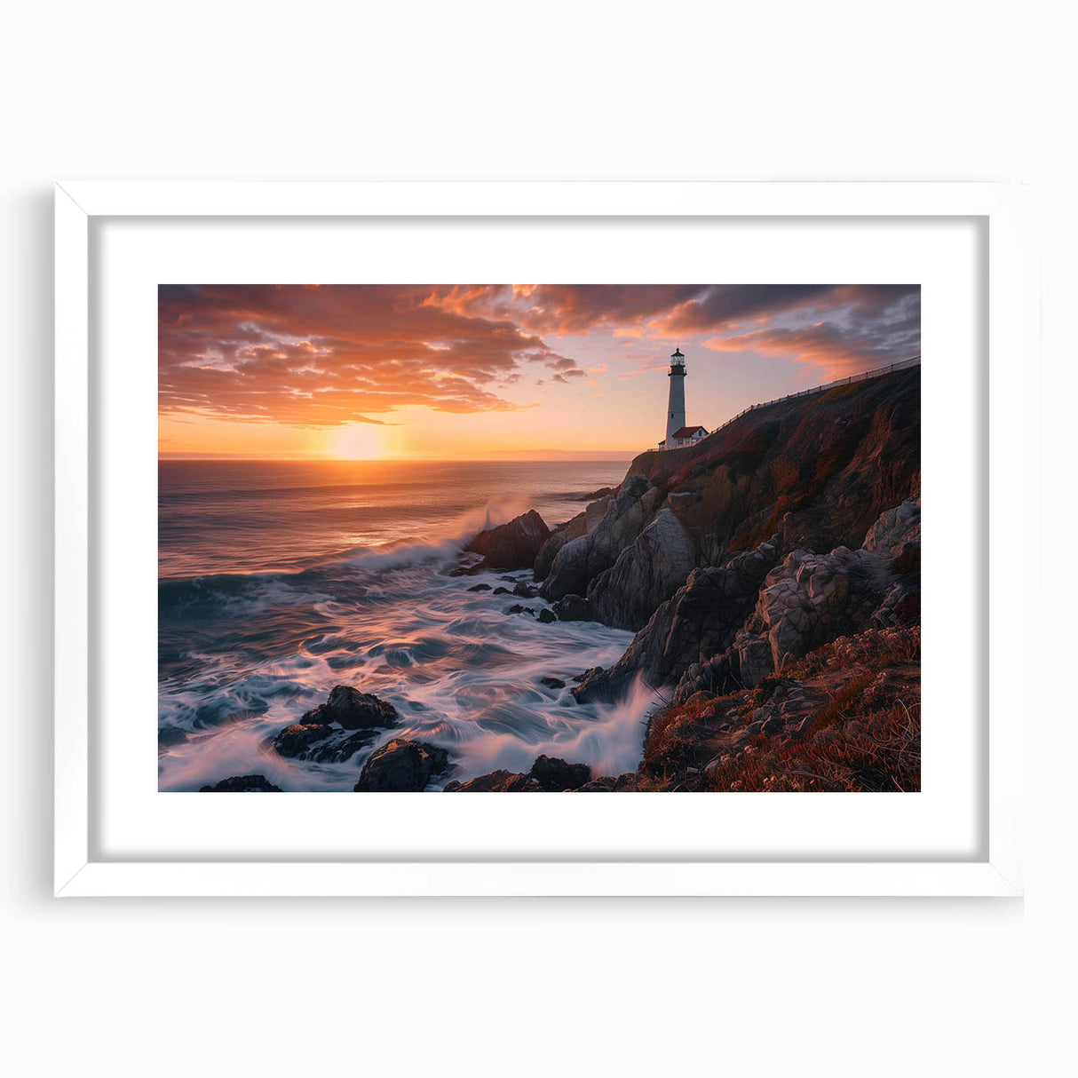Framed wall art collection showcasing a scenic lighthouse landscape design, featuring a white mat and sleek frame, perfect for coastal-themed decor.
