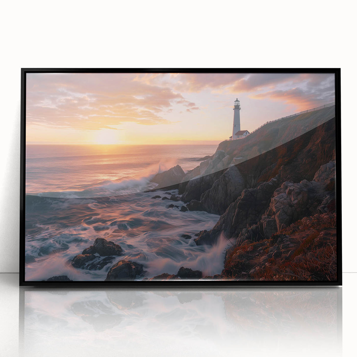 Framed acrylic wall art featuring a stunning landscape design of a lighthouse, with a sleek black frame and high-quality finish, ideal for coastal home decor. This captivating piece adds a touch of elegance to any room while emphasizing nautical themes.
