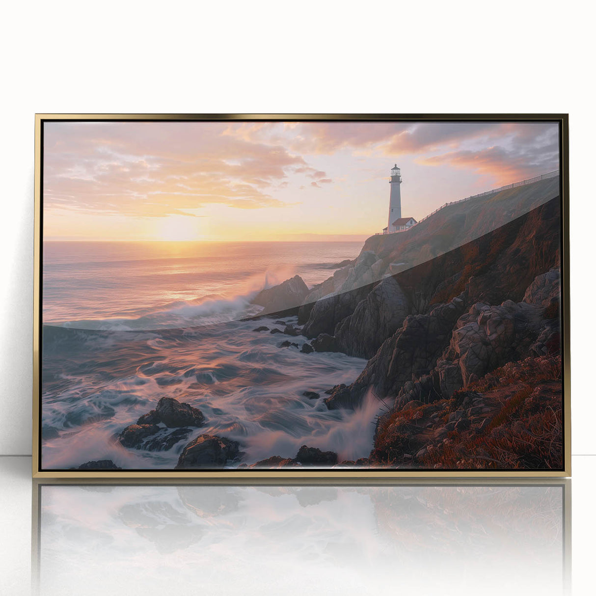 Framed wall art collection showcasing a coastal landscape with a lighthouse, featuring an elegant gold-acrylic front and vibrant colors, perfect for home decor.