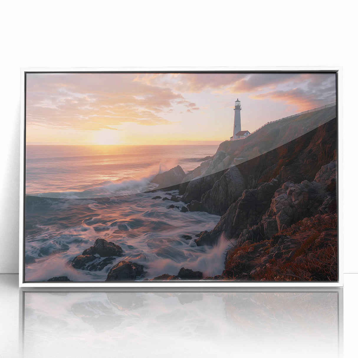 Framed acrylic wall art featuring a serene lighthouse landscape design, with a white frame and vibrant colors, perfect for coastal home decor. Ideal for enhancing interior aesthetics.