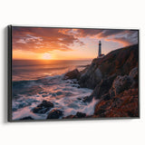 Framed canvas wall art featuring a scenic lighthouse design in a landscape setting, with a black frame emphasizing the vibrant colors and details of the artwork. Ideal for coastal-themed decor.