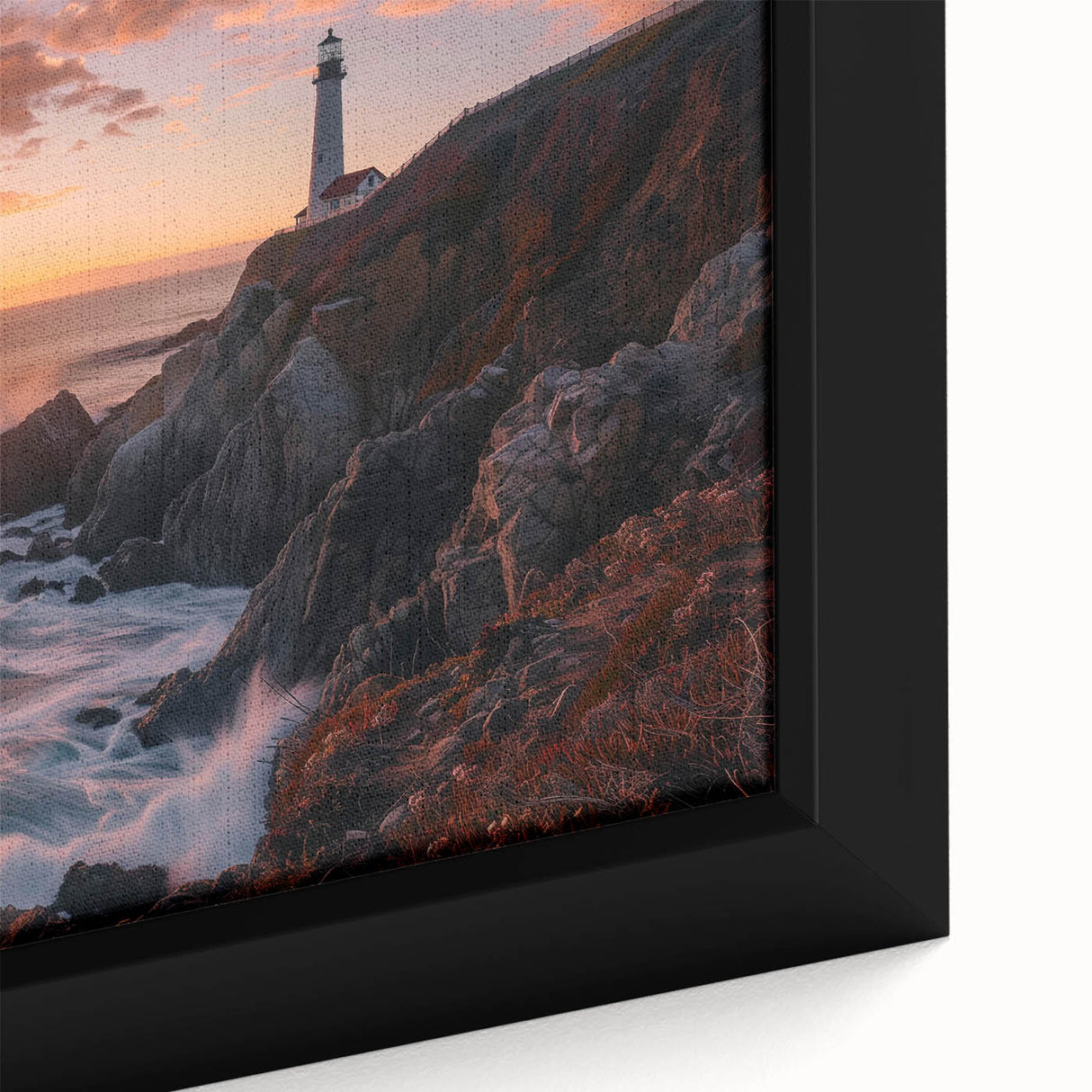 Framed canvas wall art featuring a serene lighthouse design set against a vibrant sunset, showcasing rich colors and intricate details for a coastal decor accent.