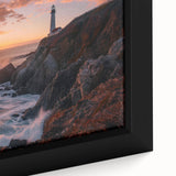 Framed canvas wall art featuring a serene lighthouse design set against a vibrant sunset, showcasing rich colors and intricate details for a coastal decor accent.