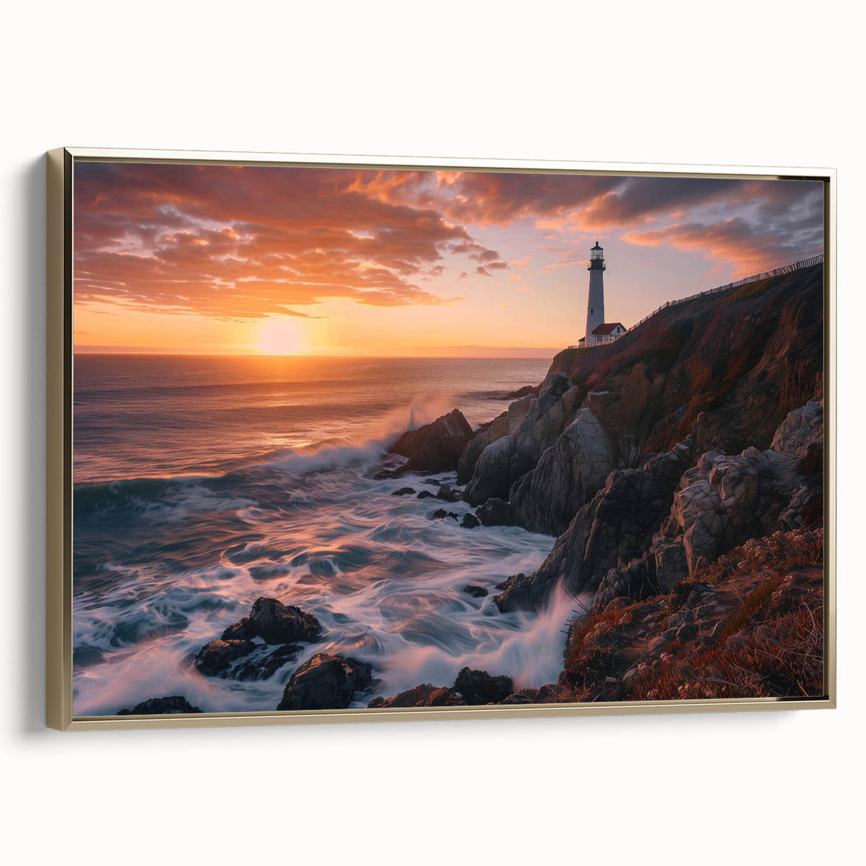 Framed wall art featuring a lighthouse design on a textured canvas, highlighted by gold accents and set against a serene landscape backdrop, perfect for coastal-themed decor.