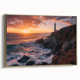Framed wall art featuring a lighthouse design on a textured canvas, highlighted by gold accents and set against a serene landscape backdrop, perfect for coastal-themed decor.