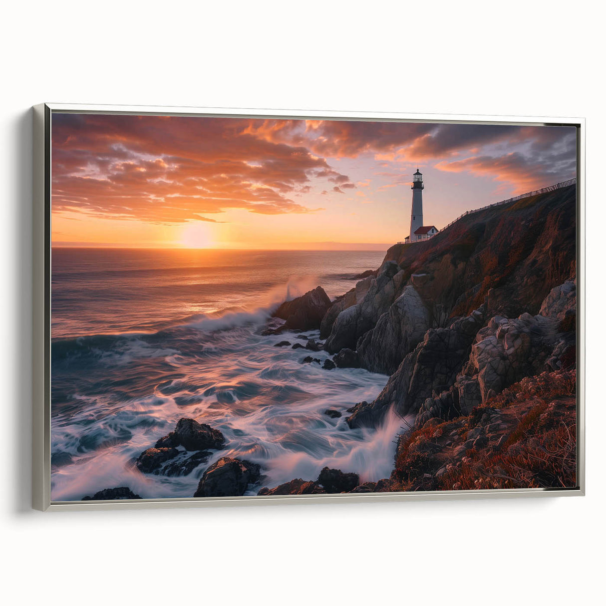 Framed canvas wall art showcasing a stunning lighthouse design in a silver frame, set against a serene landscape, perfect for coastal home decor.