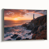 Framed canvas wall art showcasing a stunning lighthouse design in a silver frame, set against a serene landscape, perfect for coastal home decor.