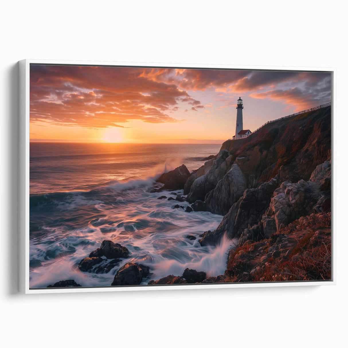 Framed canvas wall art showcasing a serene lighthouse landscape design with a white frame, perfect for coastal-themed decor, adds a tranquil touch to interiors.