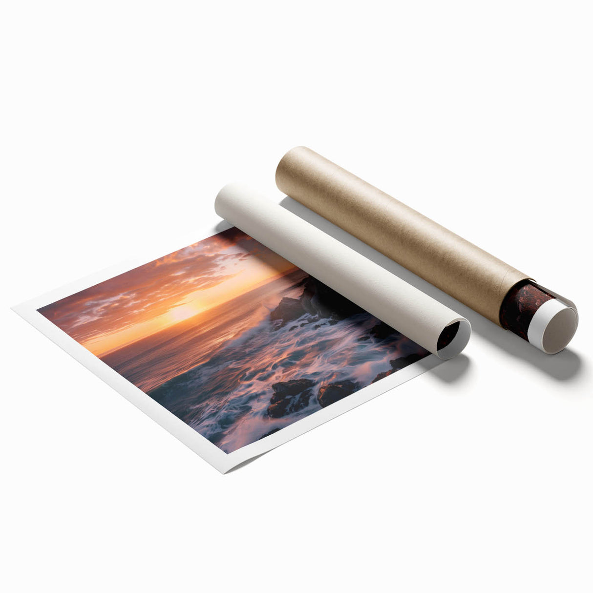 Vibrant rolled wall art print featuring a serene coastal landscape with a lighthouse, ideal for home decor, showcasing calming blue and green hues. Perfect for nautical-themed interiors.