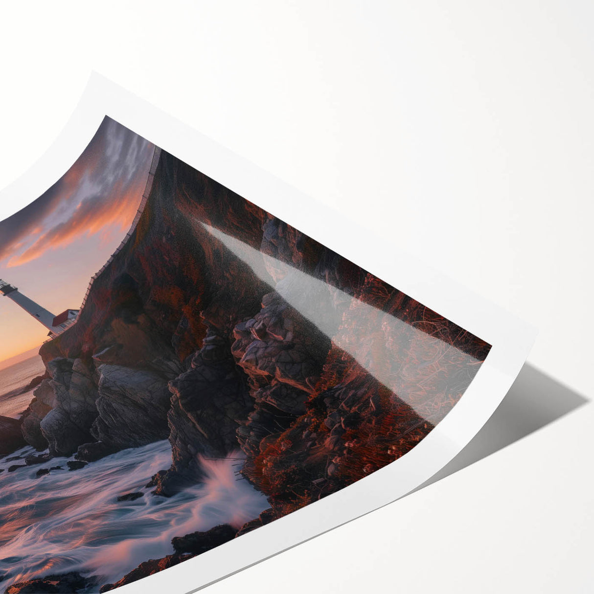 Vibrant rolled print of a coastal lighthouse landscape, showcasing a serene ocean view with dramatic sky colors, ideal for home decor and art enthusiasts.