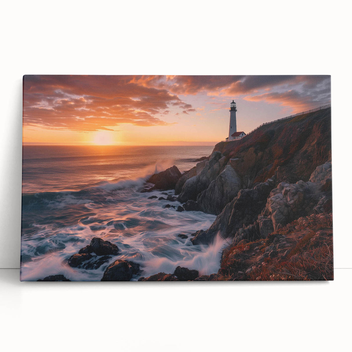 Coastal landscape wall art featuring a vibrant lighthouse design on stretched canvas, ideal for home decor, showcasing calming ocean hues and serene vibes.
