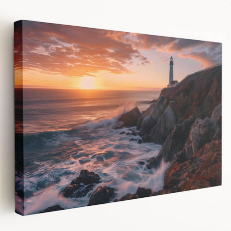 Stretched canvas wall art showcasing a serene lighthouse design against a vibrant sunset, perfect for coastal-themed decor. Ideal for enhancing living spaces.