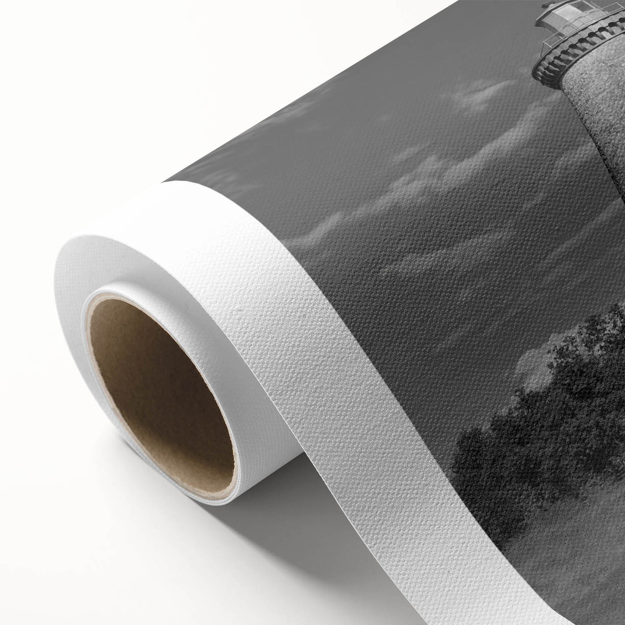 Rolled canvas artwork showcasing a scenic lighthouse design with vibrant colors and intricate details, ideal for coastal-themed home decor and wall art enthusiasts.