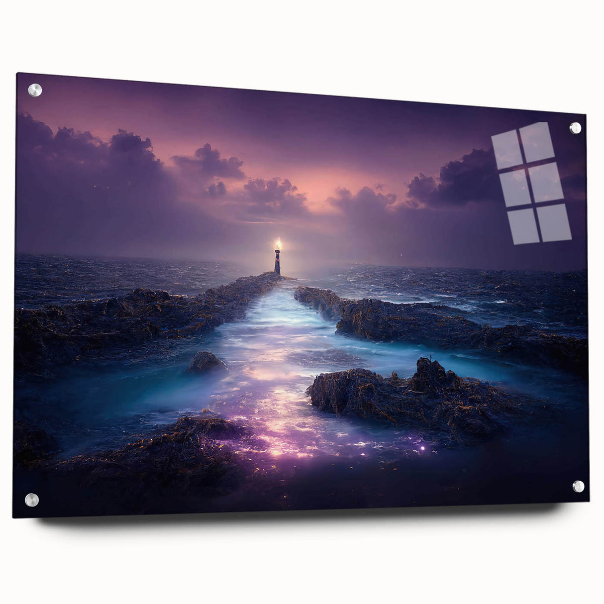 Acrylic glass wall art showcasing a vibrant lighthouse landscape design from the 26-piece collection, featuring detailed colors and textures, ideal for coastal decor.