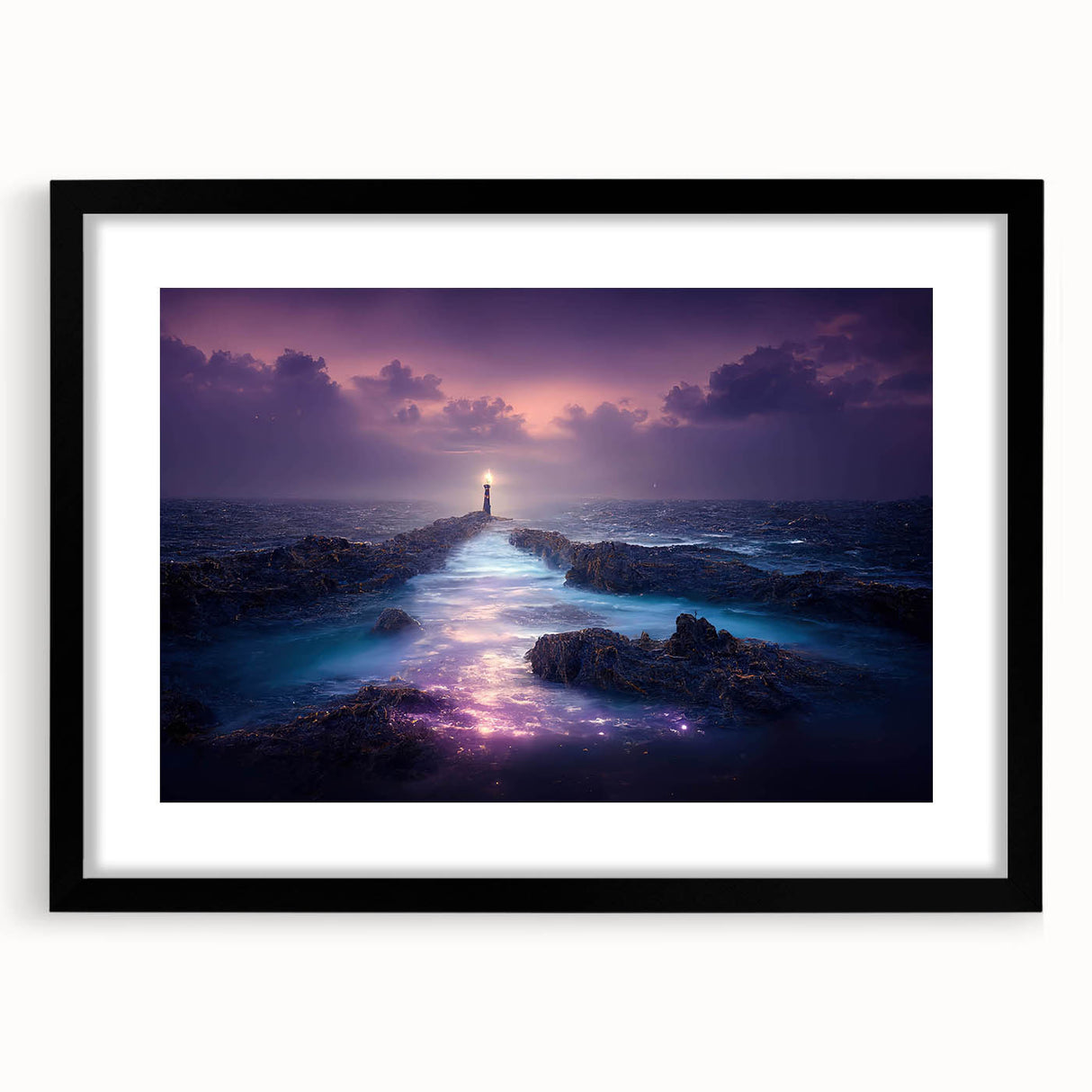 Framed wall art featuring a serene lighthouse landscape design, presented in a sleek black frame with a mat. Perfect for coastal-themed decor.