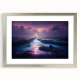 Framed wall art showcasing a picturesque lighthouse landscape design in silver, complete with a mat. Perfect for enhancing home decor with coastal charm.
