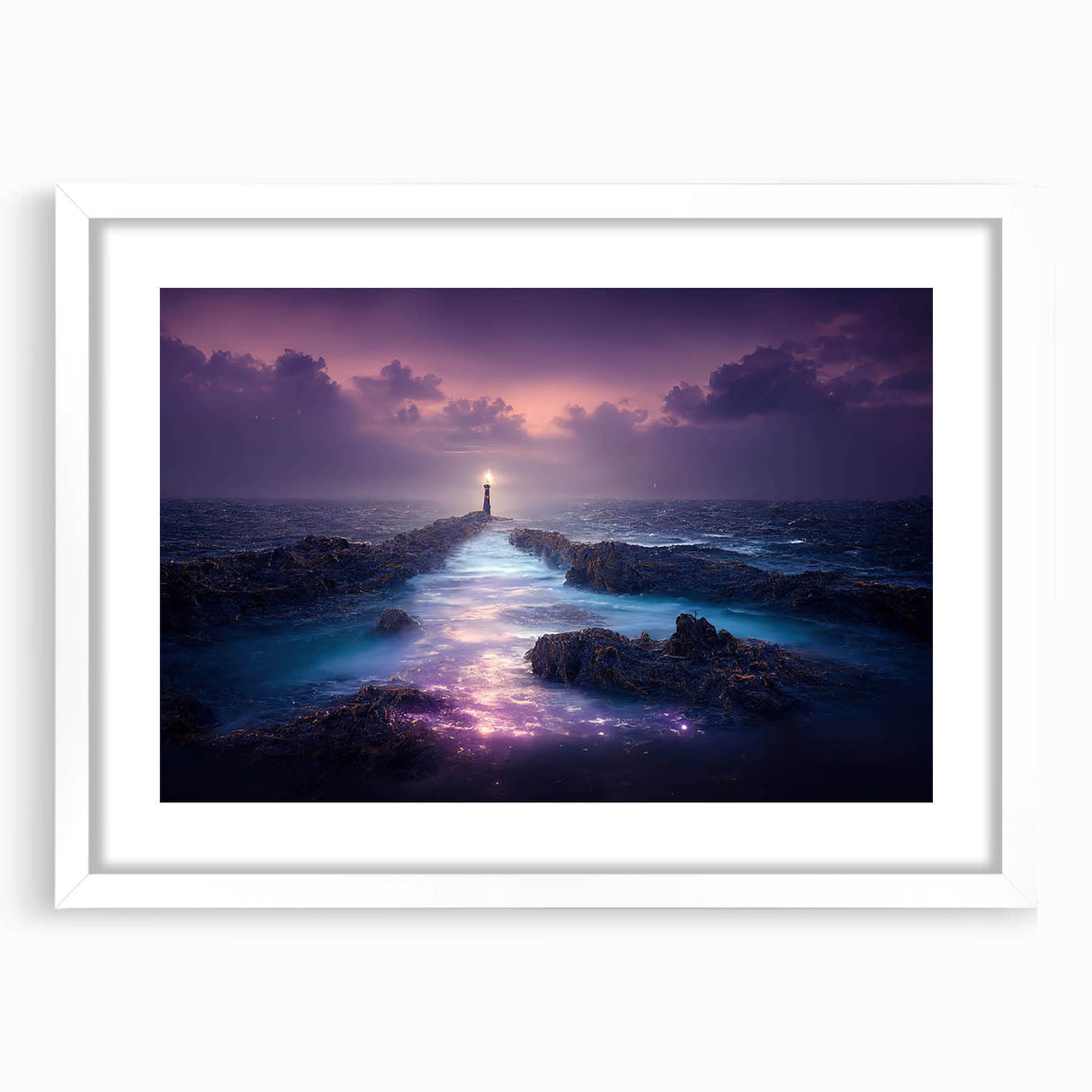 Framed wall art featuring a serene lighthouse design set against a vibrant landscape, with a white mat and frame, perfect for coastal decor enthusiasts.