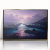 Framed wall art featuring a golden-accented lighthouse design against a vibrant landscape, showcasing coastal scenery with vivid colors, perfect for home decor.