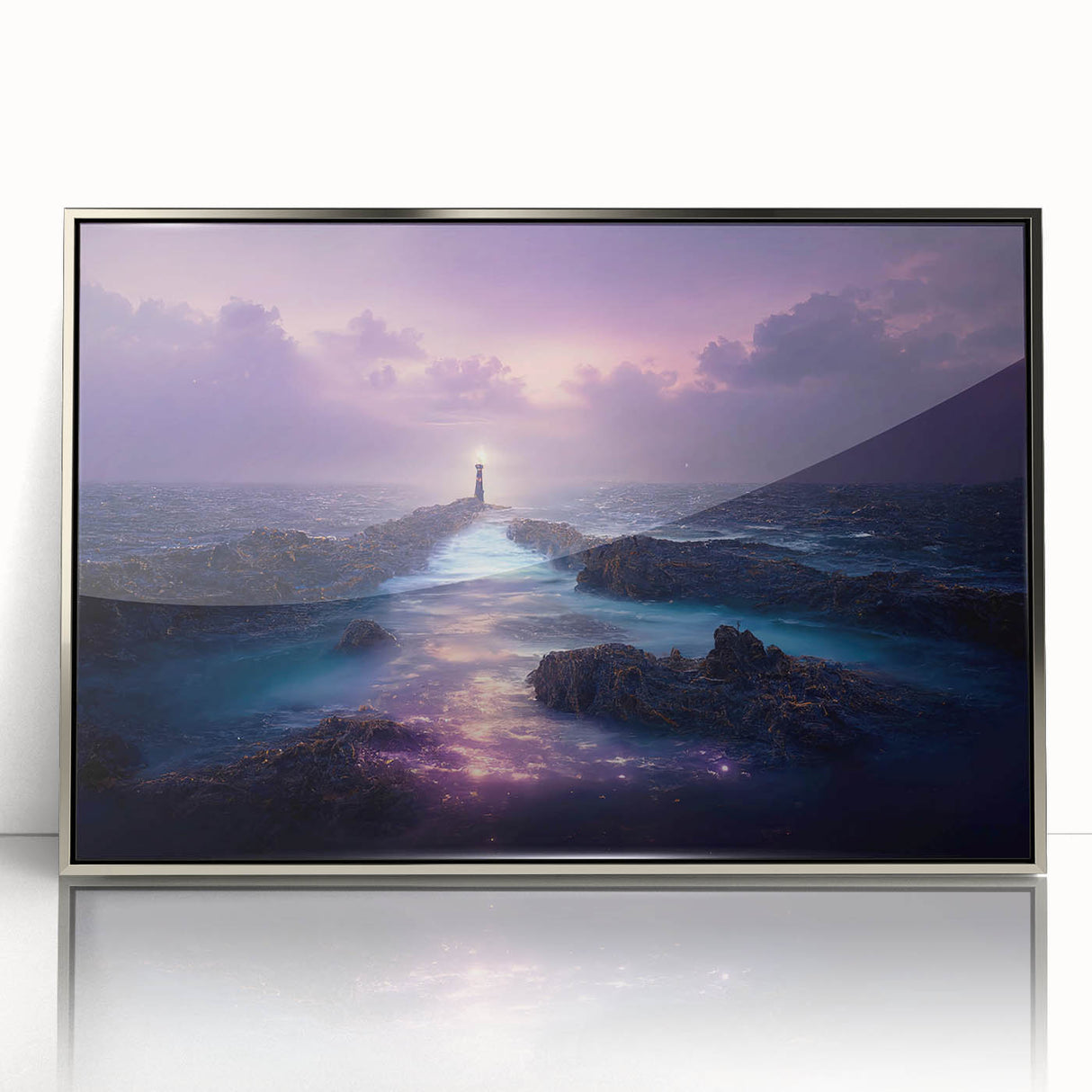 Framed wall art showcasing a coastal lighthouse design with vibrant colors and a sleek silver frame, perfect for adding a nautical touch to home decor.