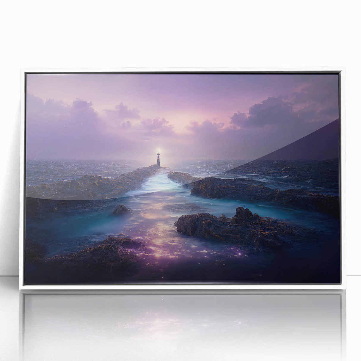Framed wall art showcasing a coastal lighthouse surrounded by tranquil landscapes, featuring a white frame and acrylic surface, perfect for home decor.