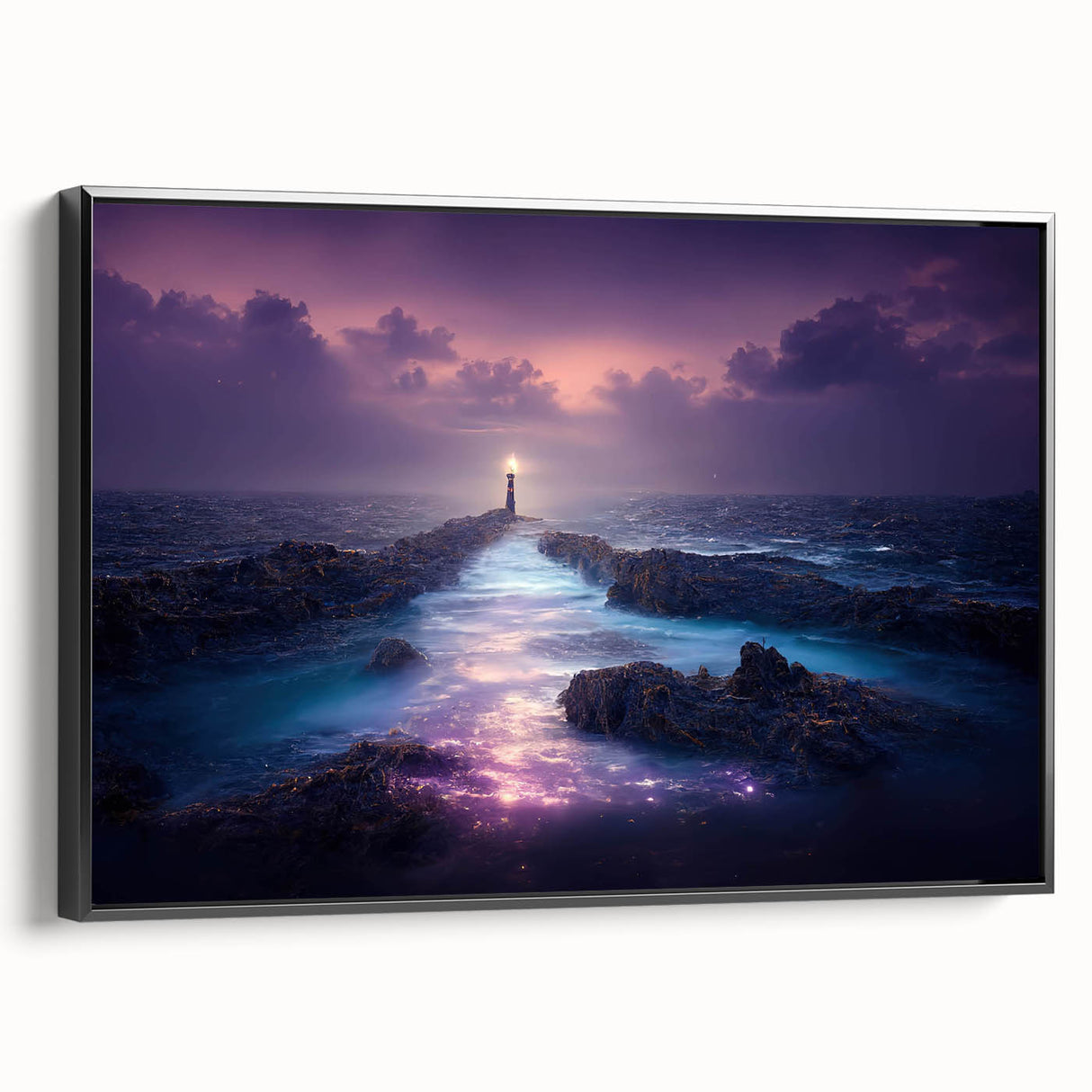 Framed canvas wall art depicting a serene lighthouse landscape at sunset, featuring vibrant hues of orange and blue, perfect for coastal-themed decor.