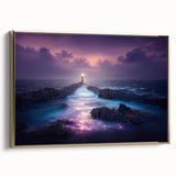 Framed canvas wall art showcasing a coastal landscape with a lighthouse, featuring gold accents and a side view, perfect for nautical-themed decor.