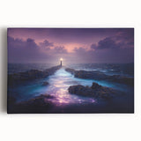 Stretched canvas wall art showcasing a vibrant lighthouse design set against a serene ocean landscape, perfect for coastal-themed home decor.