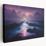 Stretched canvas artwork depicting a serene coastal landscape with a lighthouse, vibrant colors, and intricate details, perfect for home decor.