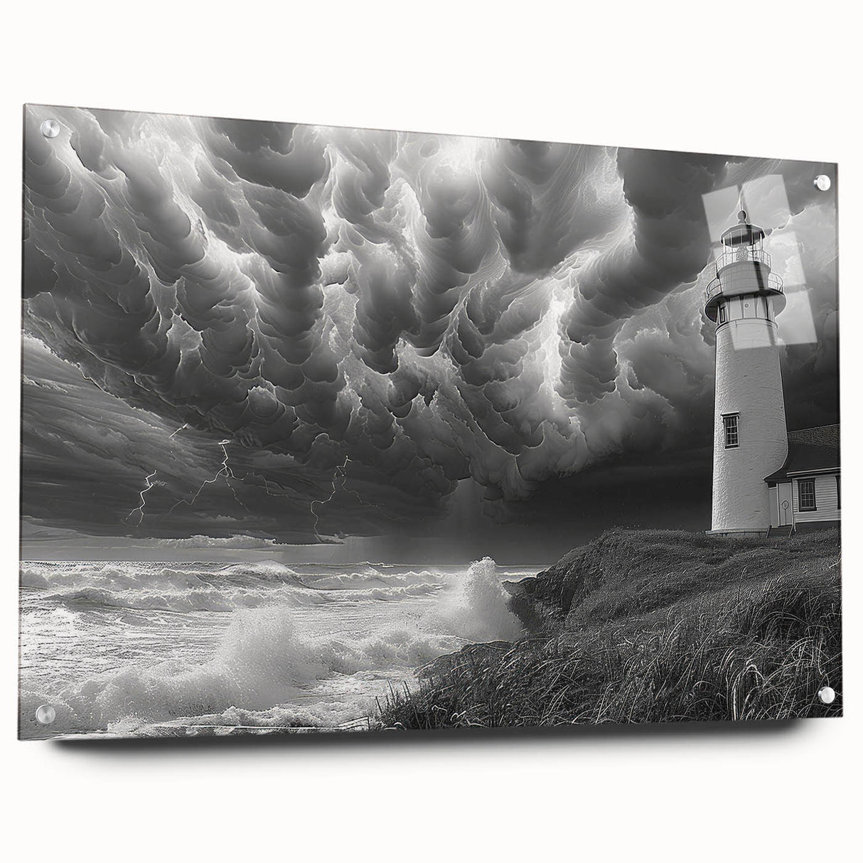 Acrylic glass wall art collection displaying a side view of a lighthouse design, featuring vibrant colors and intricate details, ideal for coastal decor enthusiasts.