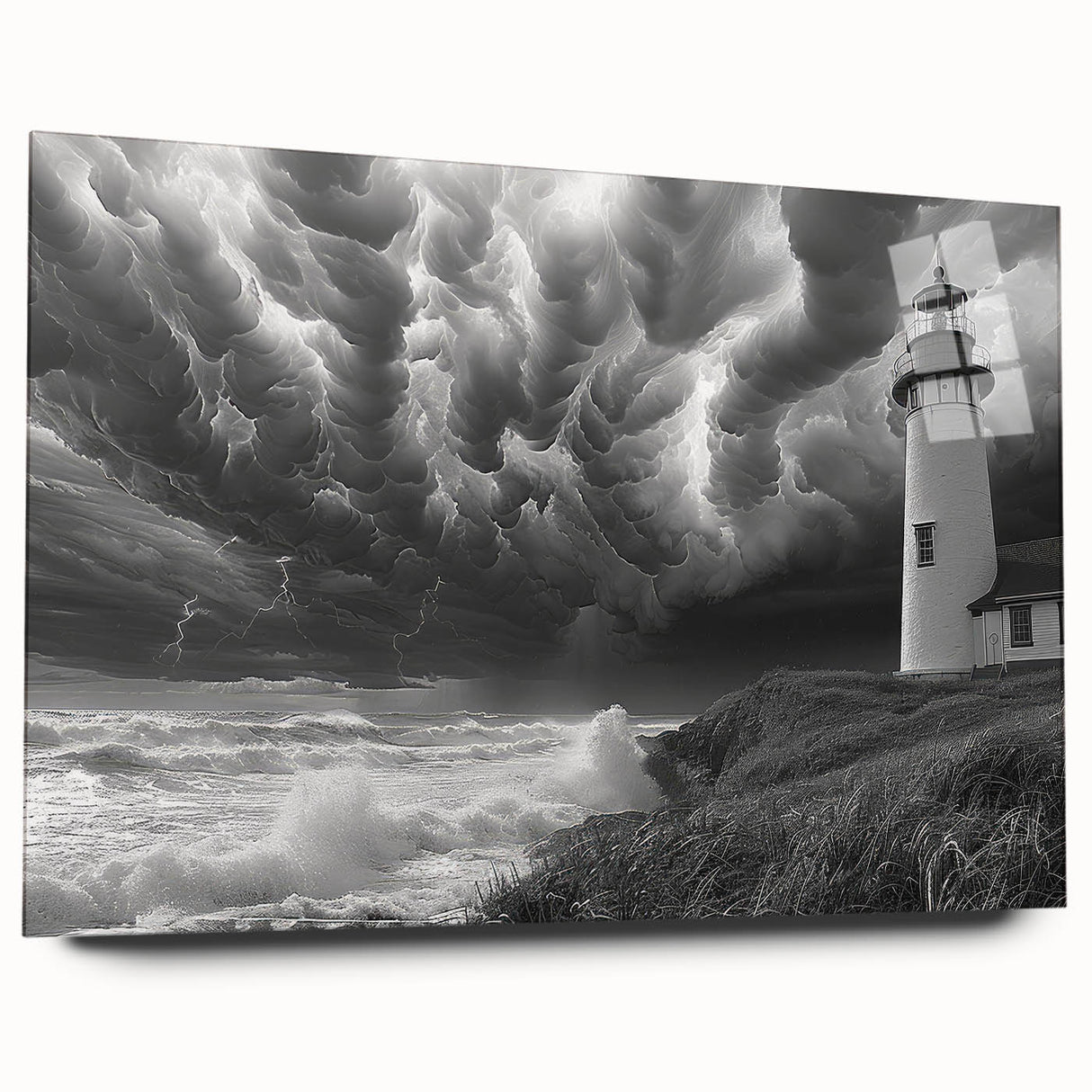 Acrylic glass wall art showcasing a vibrant lighthouse landscape design from the 27-piece collection, viewed from the side, highlighting its sleek edges and modern aesthetic. Perfect for coastal-themed decor enthusiasts.
