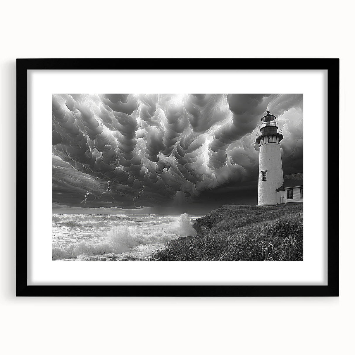 Framed wall art featuring a serene lighthouse landscape design, showcased in a sleek black frame with a mat, perfect for coastal decor enthusiasts. This elegant piece adds a calming touch to any home or office space.
