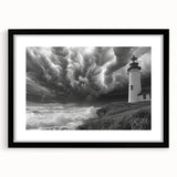 Framed wall art featuring a serene lighthouse landscape design, showcased in a sleek black frame with a mat, perfect for coastal decor enthusiasts. This elegant piece adds a calming touch to any home or office space.