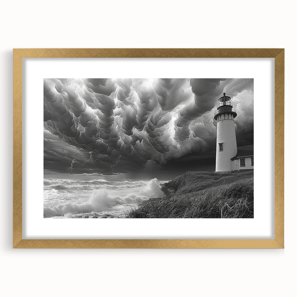 Beautiful gold-framed wall art featuring a serene lighthouse landscape design, showcasing vibrant colors and intricate details, ideal for coastal-themed decor.