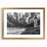 Beautiful gold-framed wall art featuring a serene lighthouse landscape design, showcasing vibrant colors and intricate details, ideal for coastal-themed decor.