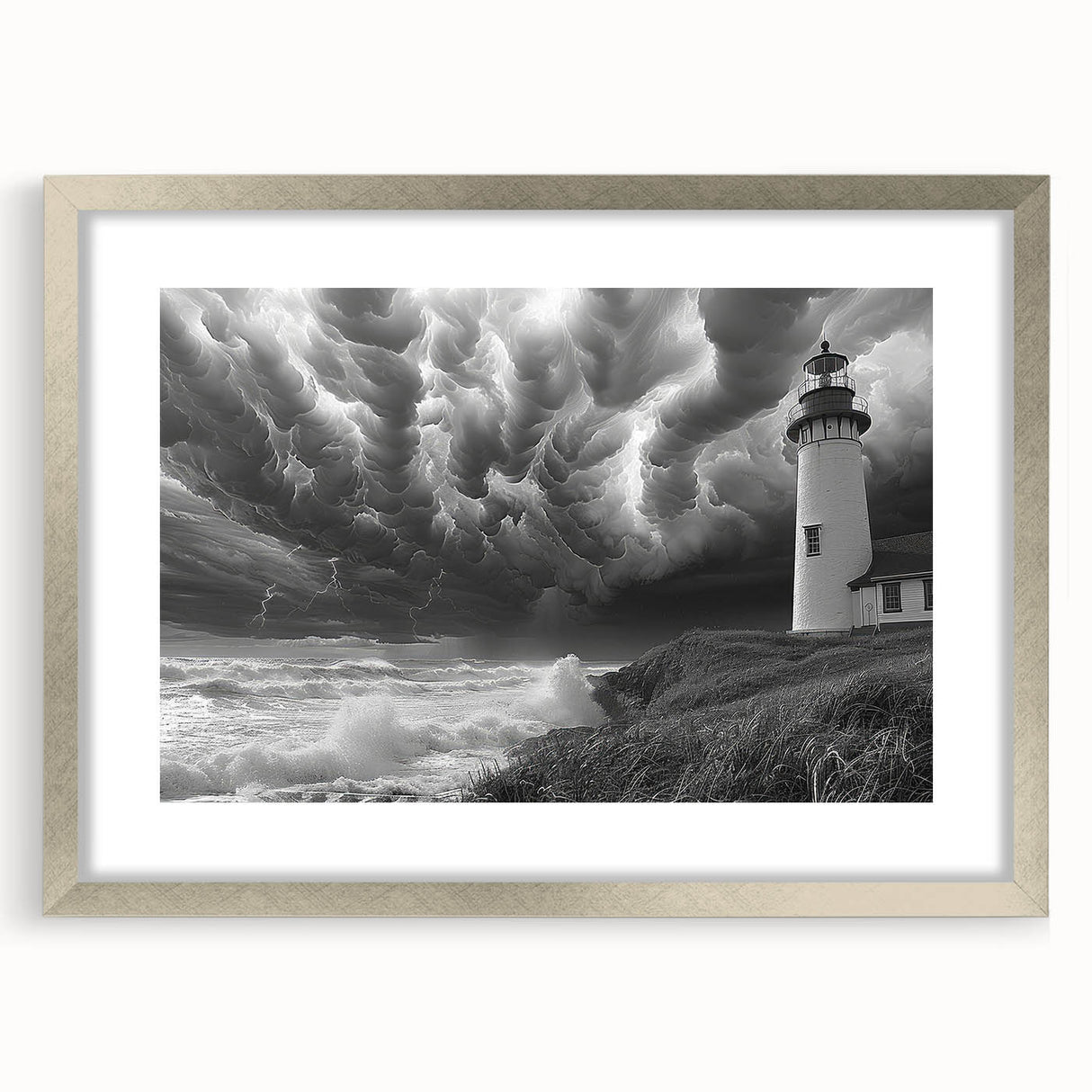 Framed silver wall art featuring a serene lighthouse landscape design, elegantly matted, perfect for enhancing coastal-themed decor or home interiors.