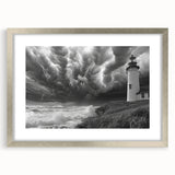 Framed silver wall art featuring a serene lighthouse landscape design, elegantly matted, perfect for enhancing coastal-themed decor or home interiors.