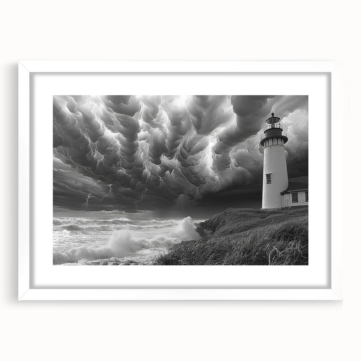 Framed wall art collection featuring a serene lighthouse landscape design with matting, presented in a sleek white frame, ideal for coastal decor enthusiasts.