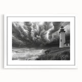 Framed wall art collection featuring a serene lighthouse landscape design with matting, presented in a sleek white frame, ideal for coastal decor enthusiasts.